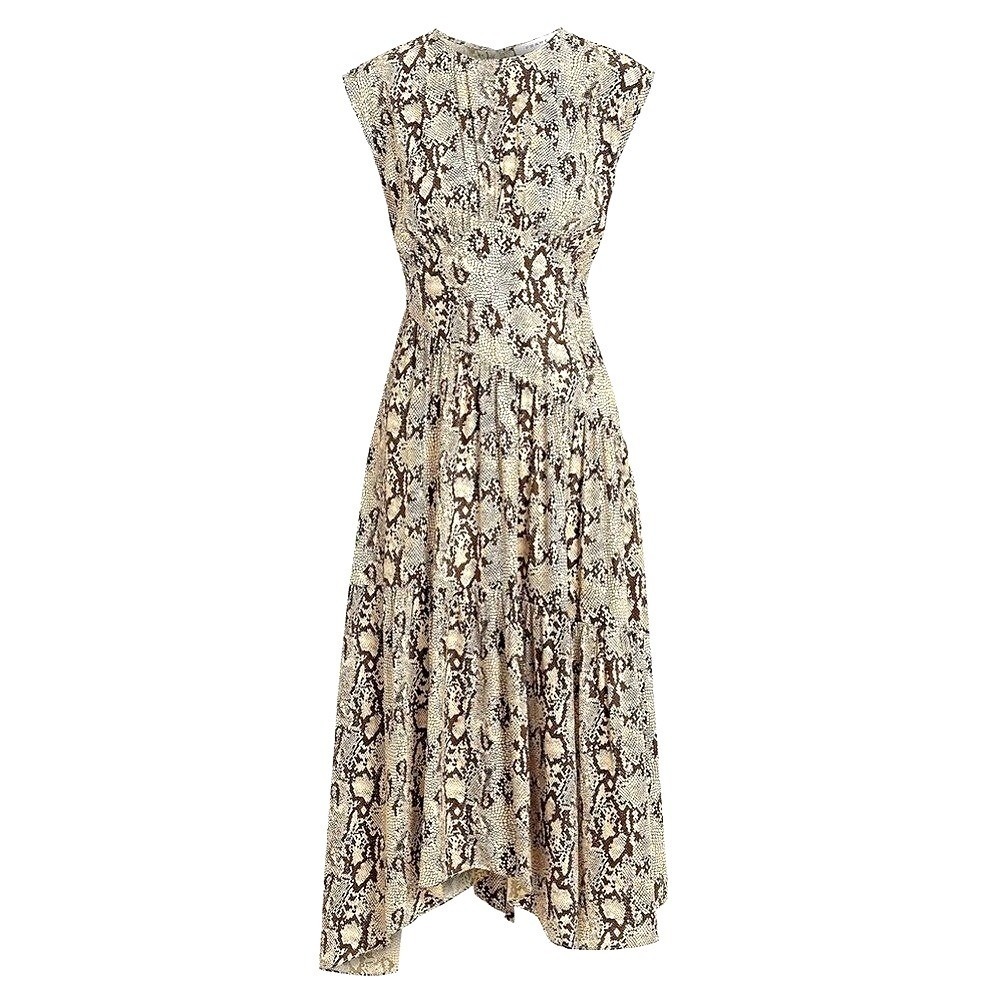Frame Dress Snake Print 100% Silk Asymmetrical Large Y2K Midi Beige Brown Luxury